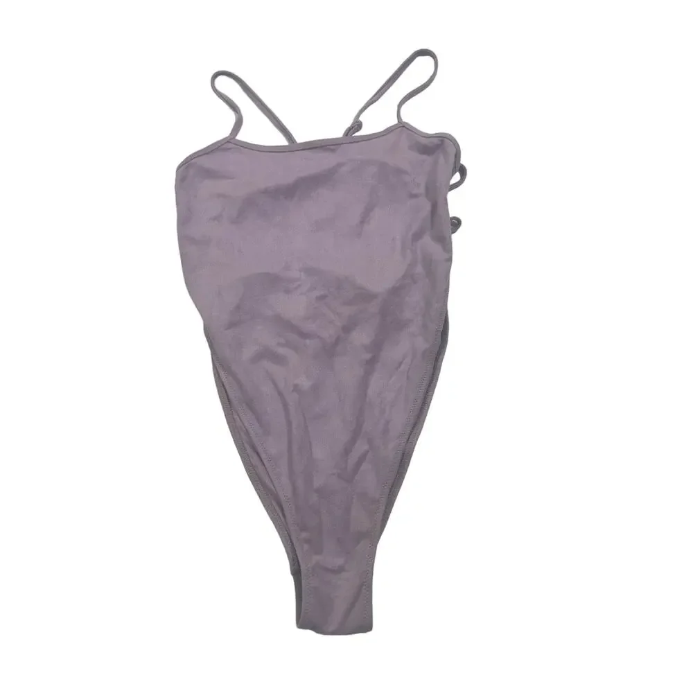 Monica Hansen Beachwear NWT Vintage Chic Violet Suede Strap One‎ Piece Swimsuit